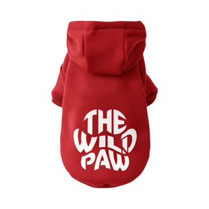 Red dog's hoodie with 'The Wild Paw' text on a white background