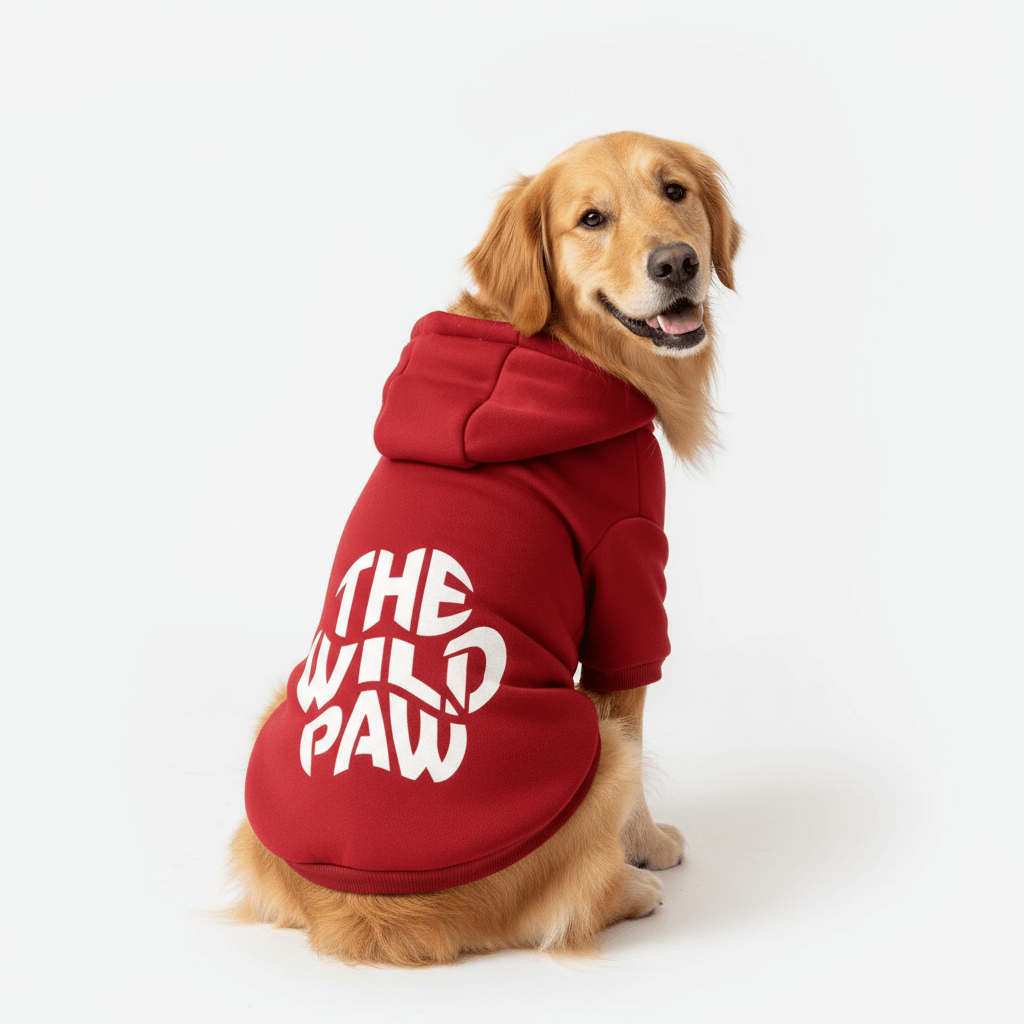Golden dog wearing Red hoodie from The Wild Paw