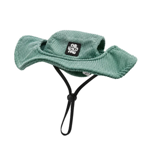 Green bucket dog hat with a strap from The Wild Paw brand