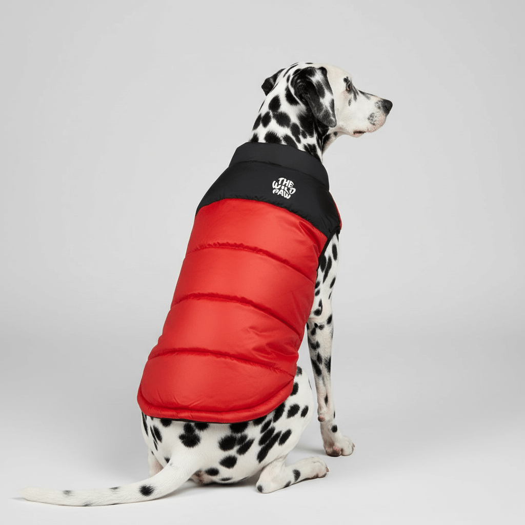 Dalmation dog wearing Red and black puffer dog coat with 'The Wild Paw' logo