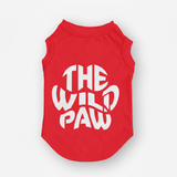 Red pet tee with 'The Wild Paw' text on a white background
