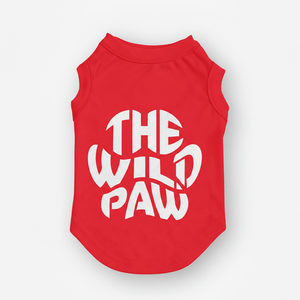 Red pet tee with 'The Wild Paw' text on a white background