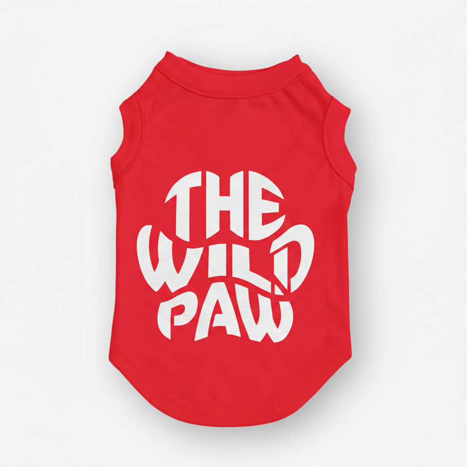 Red pet tee with 'The Wild Paw' text on a white background