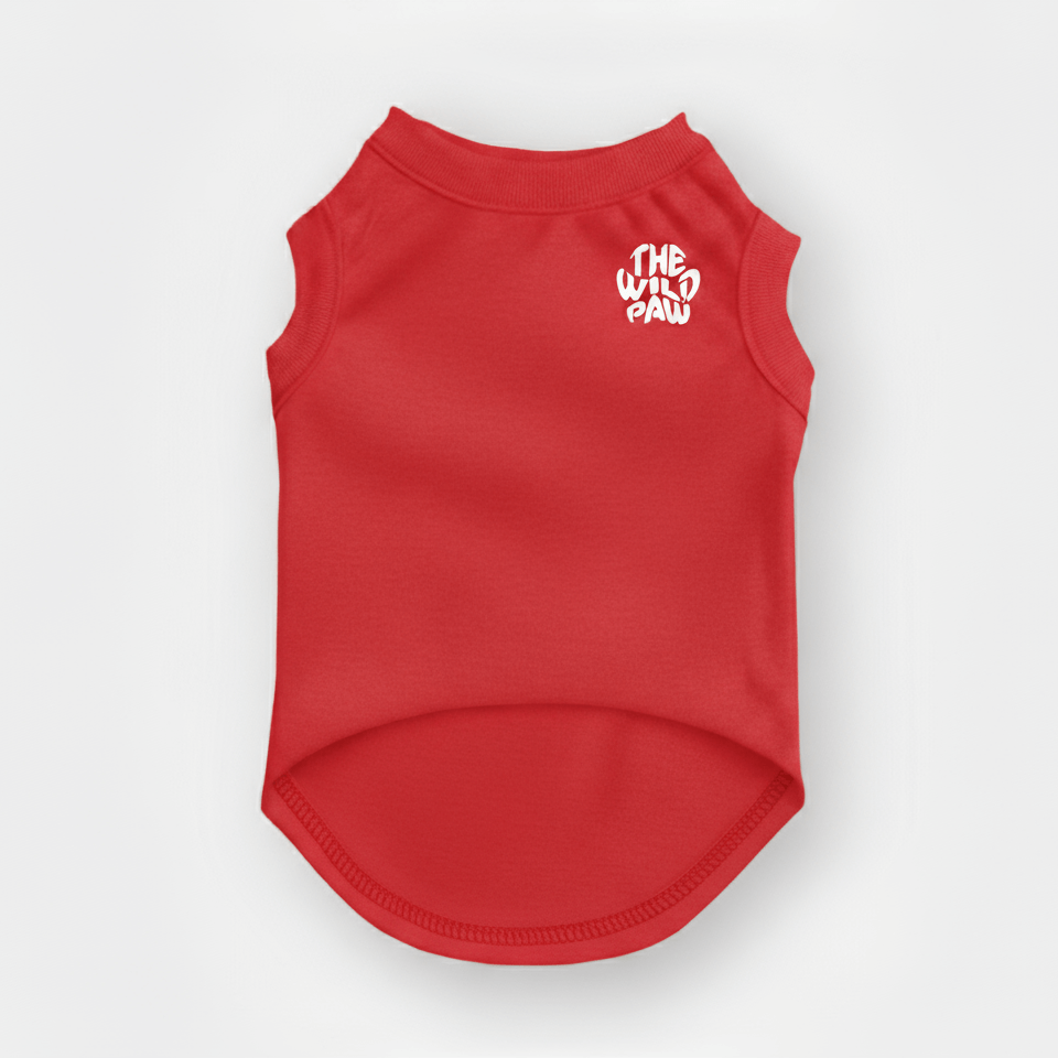 Red dog tee with 'The Wild Paw' logo on a white background