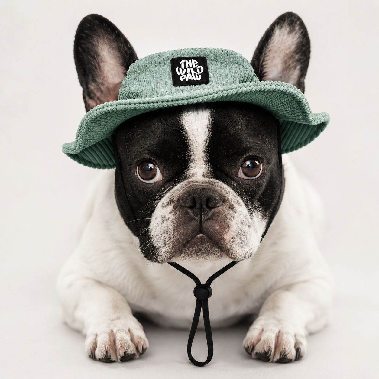 Dog wearing a green bucket hat with 'The Wild Paw' logo on a white background