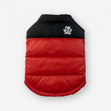 Red and black puffer dog coat with 'The Wild Paw' logo on a white background