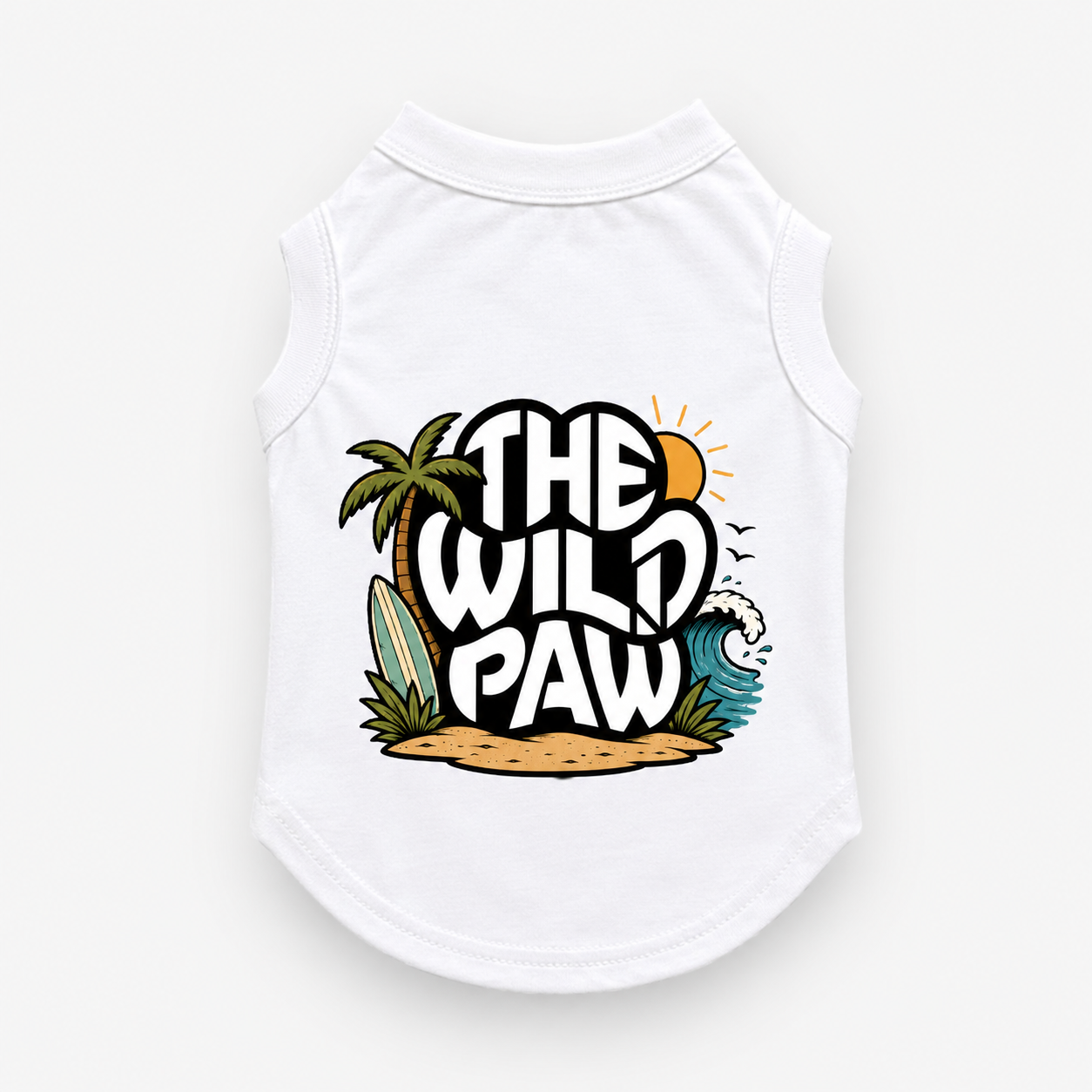 White pet tank top with 'The Wild Paw' design on a white background