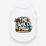 White pet tank top with 'The Wild Paw' design on a white background